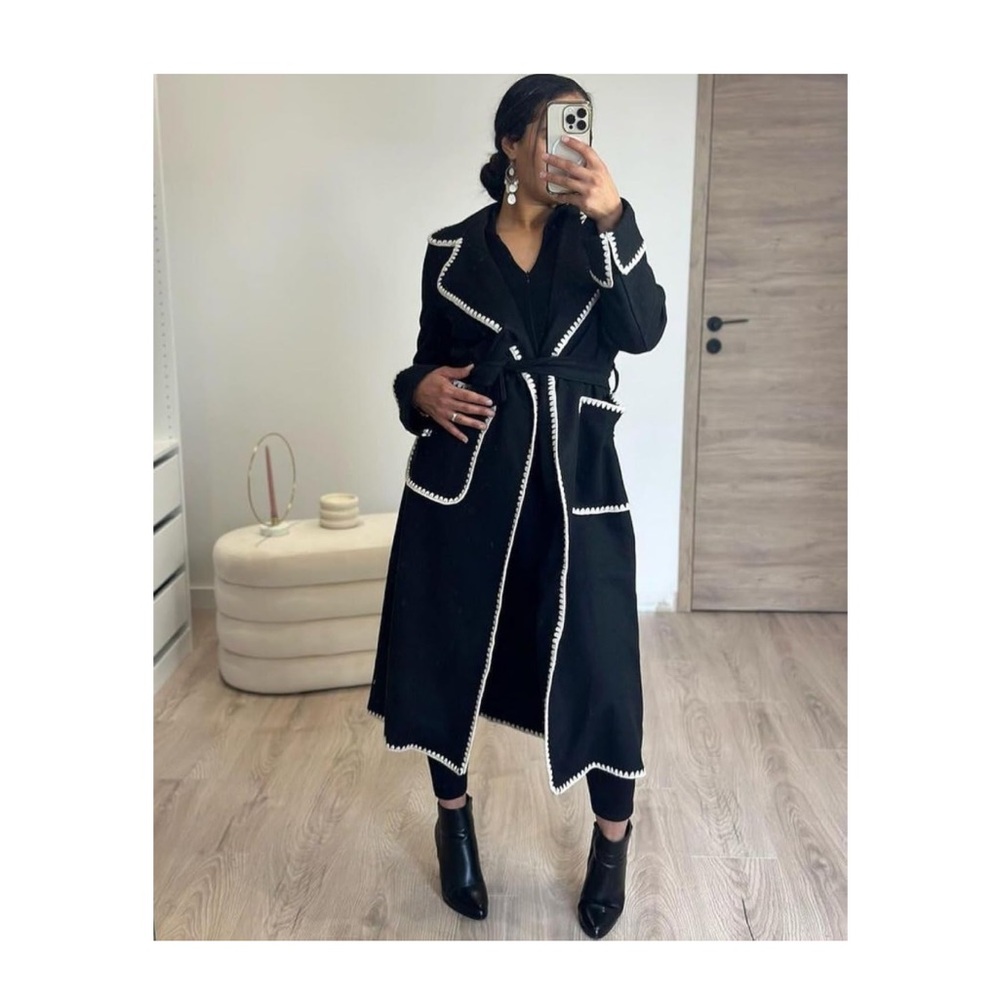 Long Peacoat Trench Coat Jacket White Embroidered Trim - Tie Belt and Pockets - Picture 4 of 10